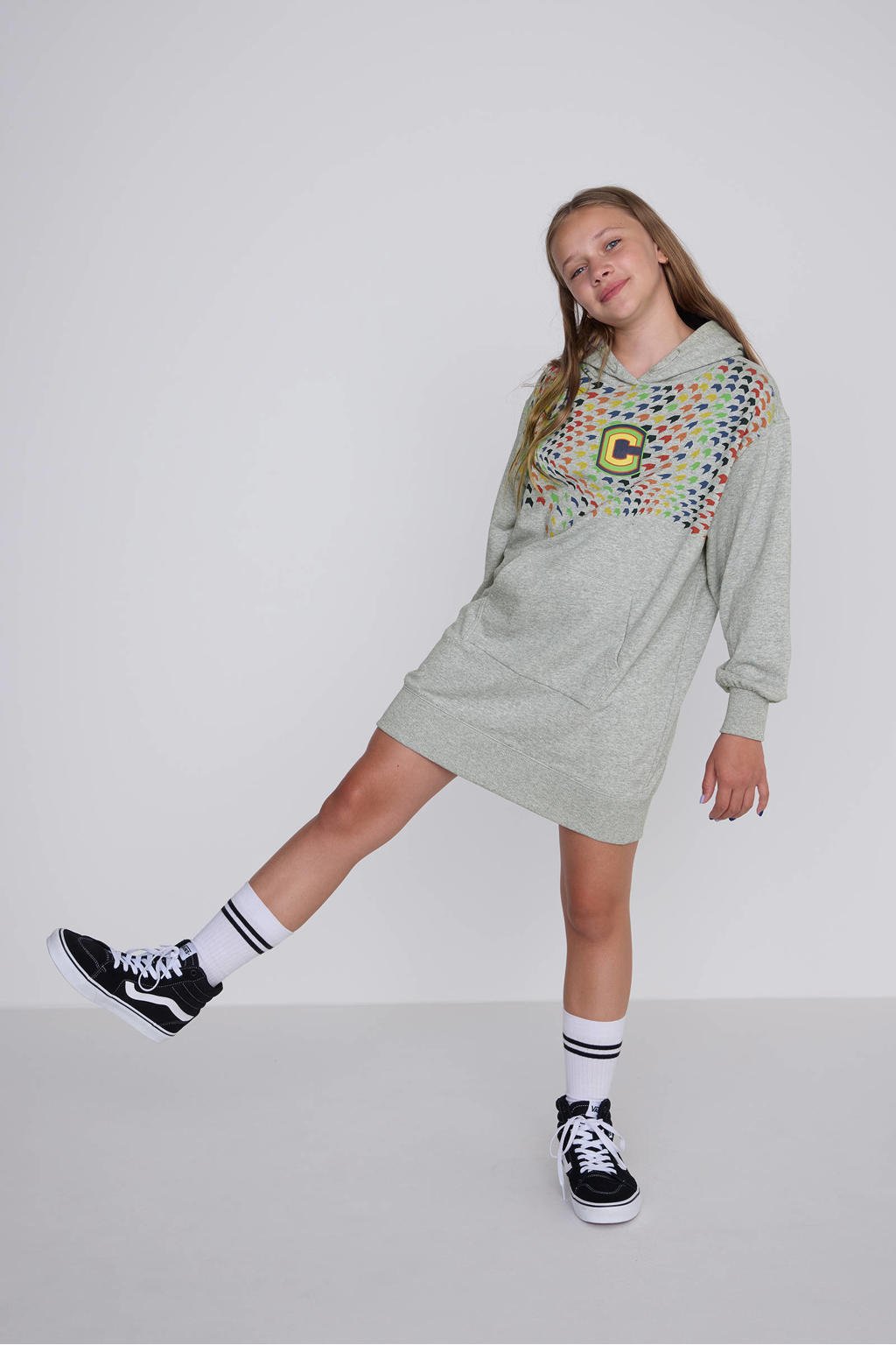 Grijs melange meisjes Coolcat Sweatjurk Kiana Print van katoen met lange mouwen en capuchon