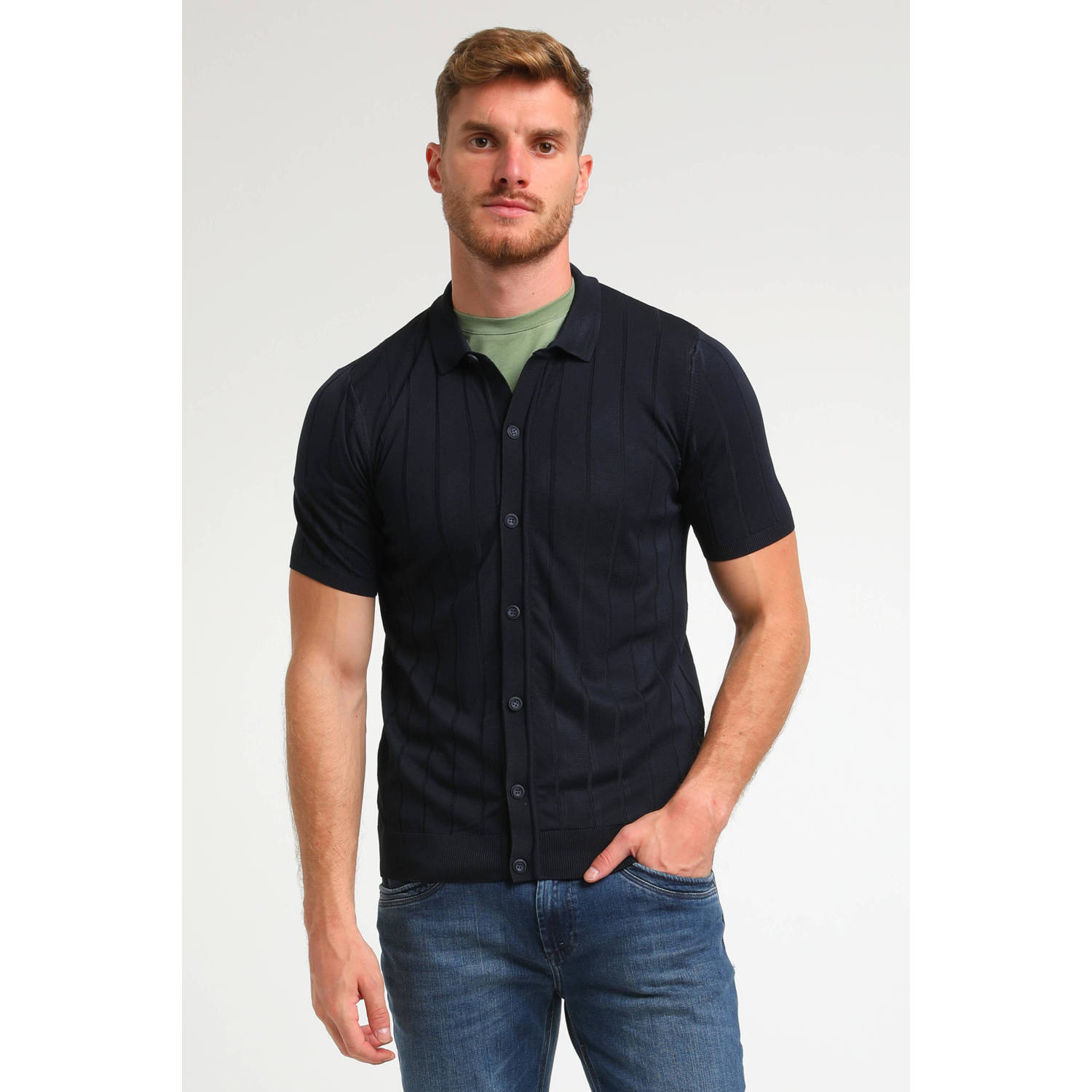 GABBIANO fijngebreid regular fit overhemd met ingebreid patroon navy