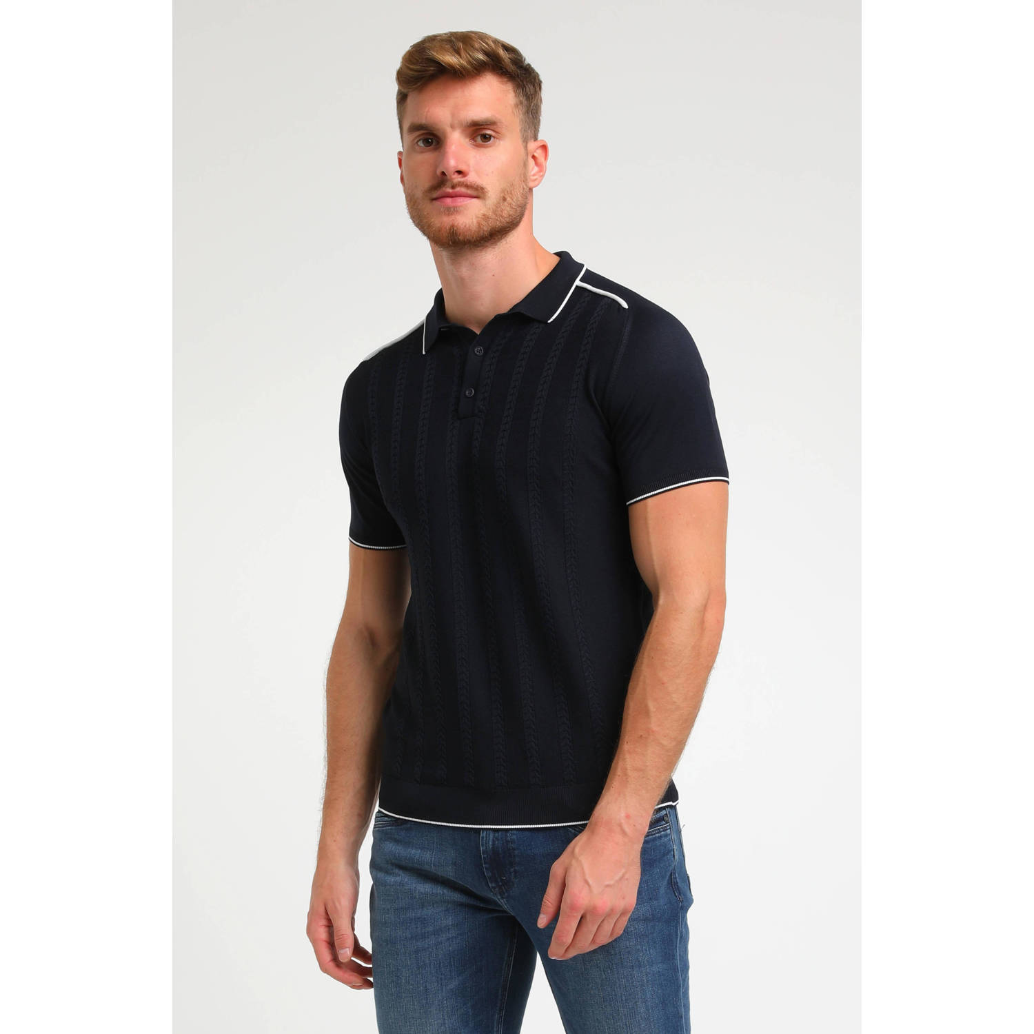 GABBIANO gebreide polo met contrastbies dark navy