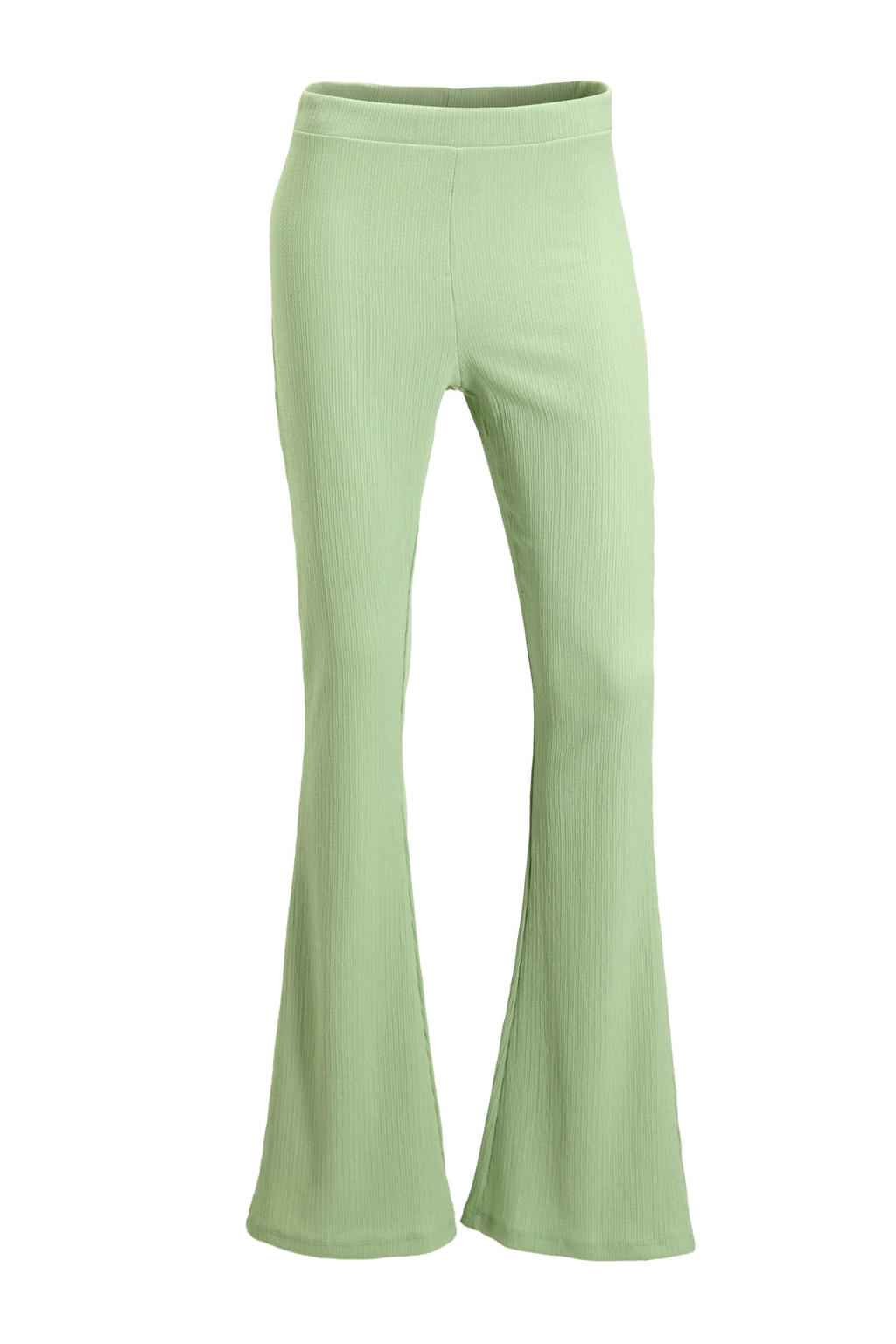 Groene dames anytime crinkle flared broek van jersey met high waist, elastische tailleband en effen
