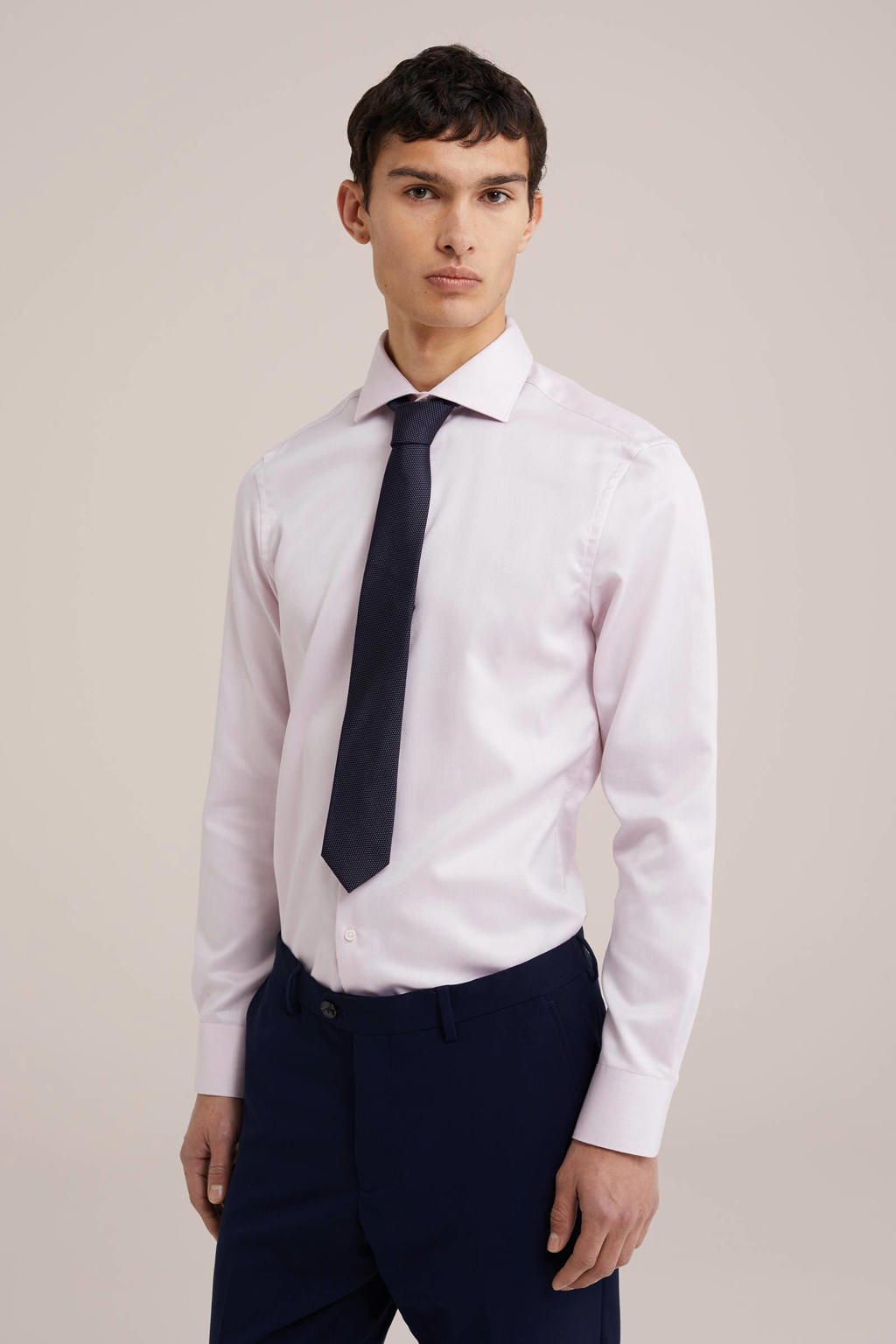 Roze heren WE Fashion slim fit overhemd van katoen met effen, lange mouwen en widespread hals