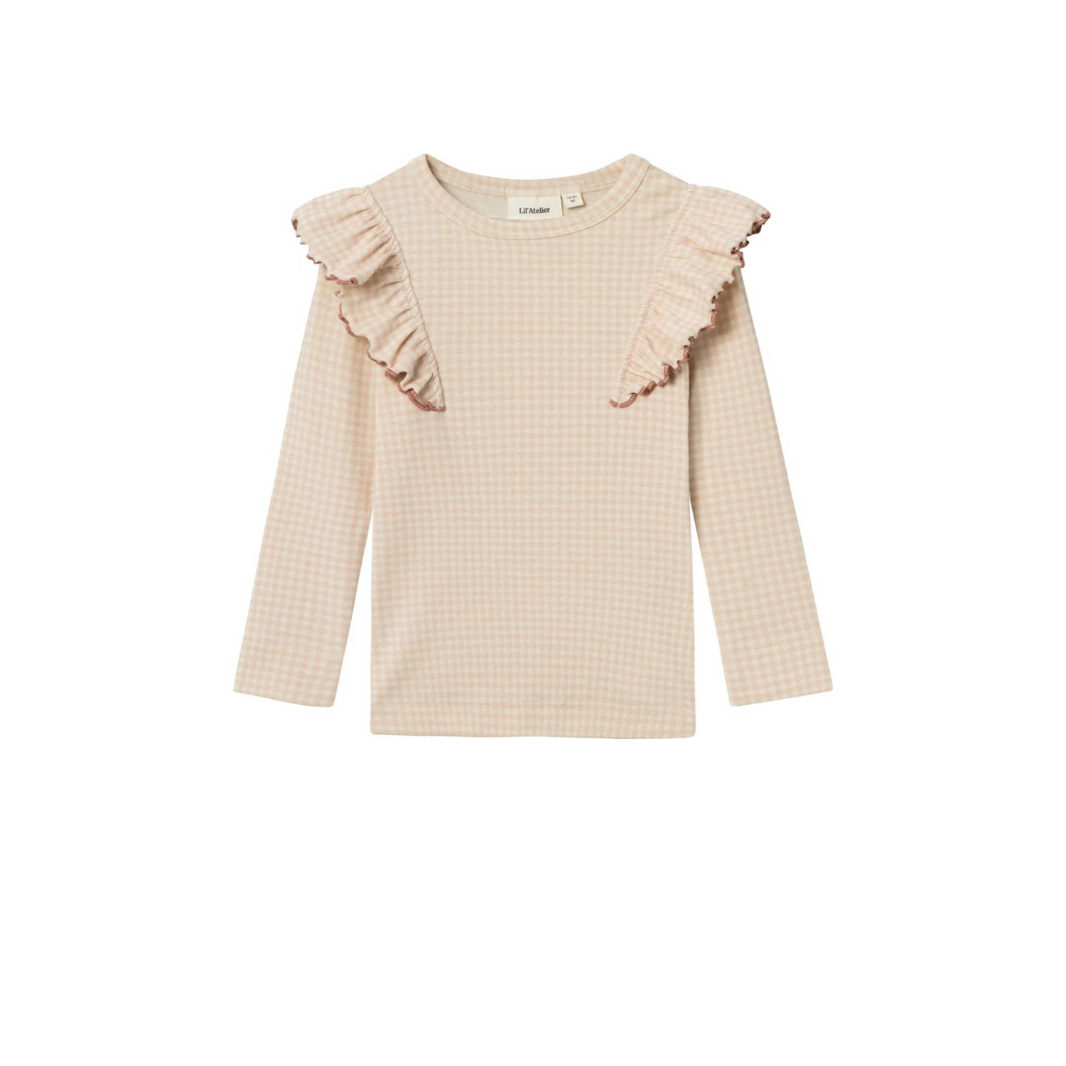 LIL' ATELIER MINI geruite longsleeve lichtroze ecru Meisjes Katoen Ronde hals 122 128