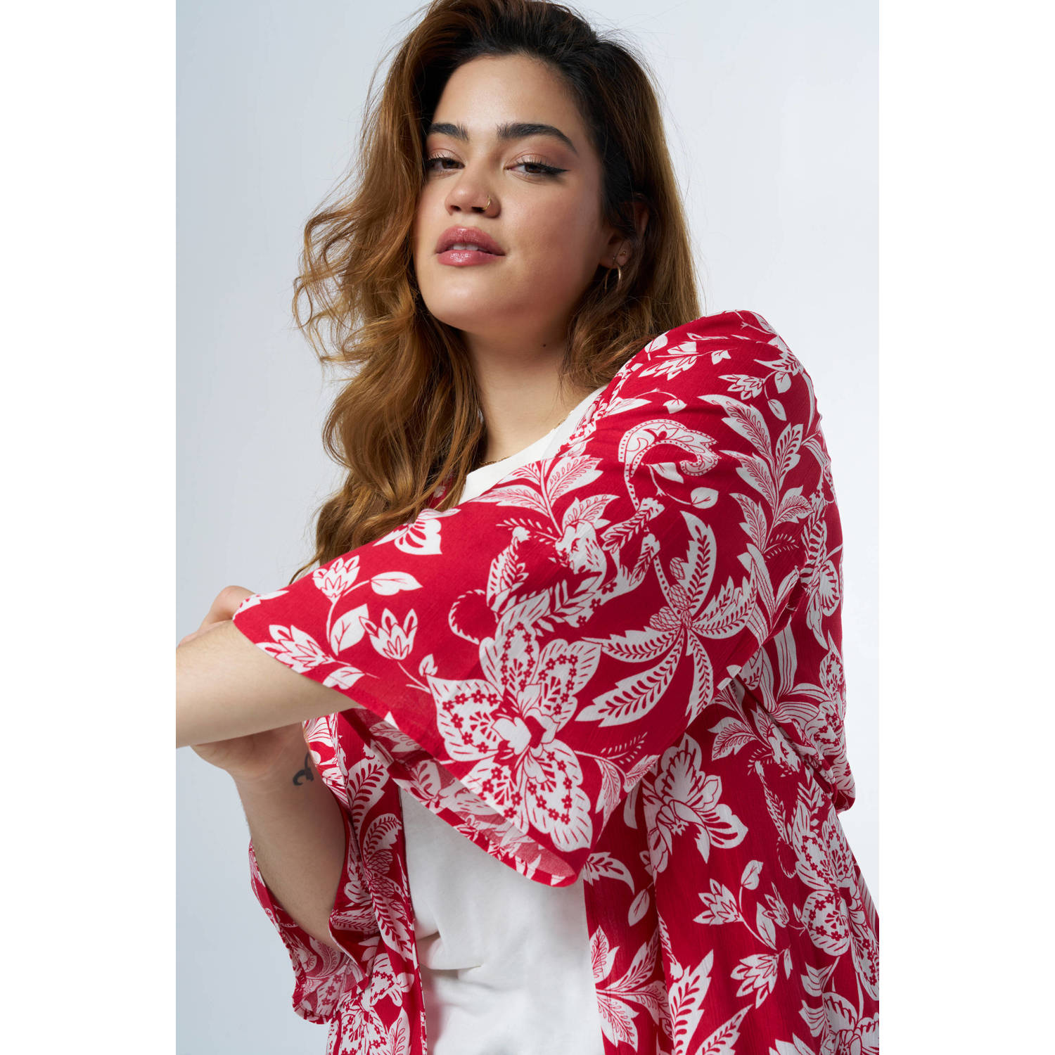 MS Mode kimono met all over print en ceintuur rood wit