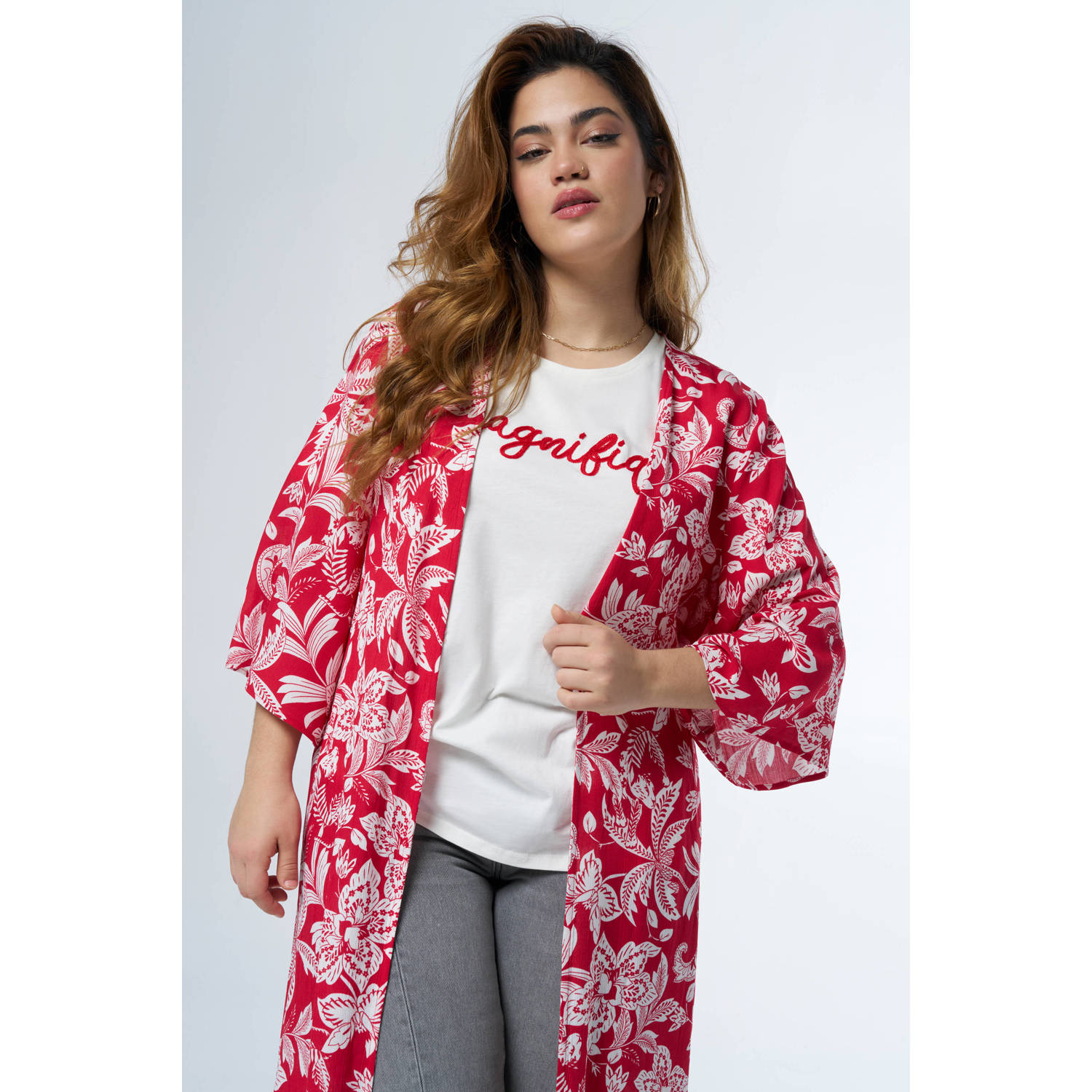 MS Mode kimono met all over print en ceintuur rood wit