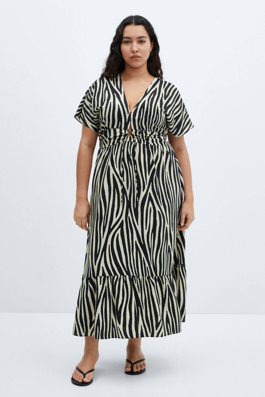 Mango A-lijn jurk met zebraprint en volant zwart/ecru wehkamp