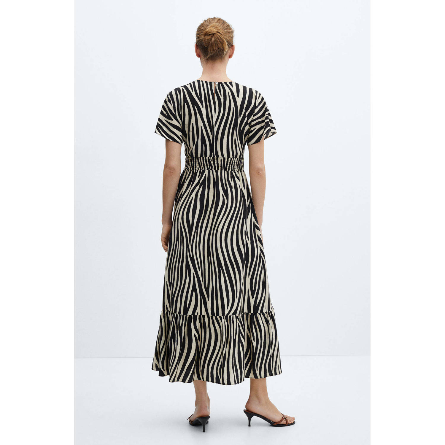 Mango A-lijn jurk met zebraprint en volant zwart ecru