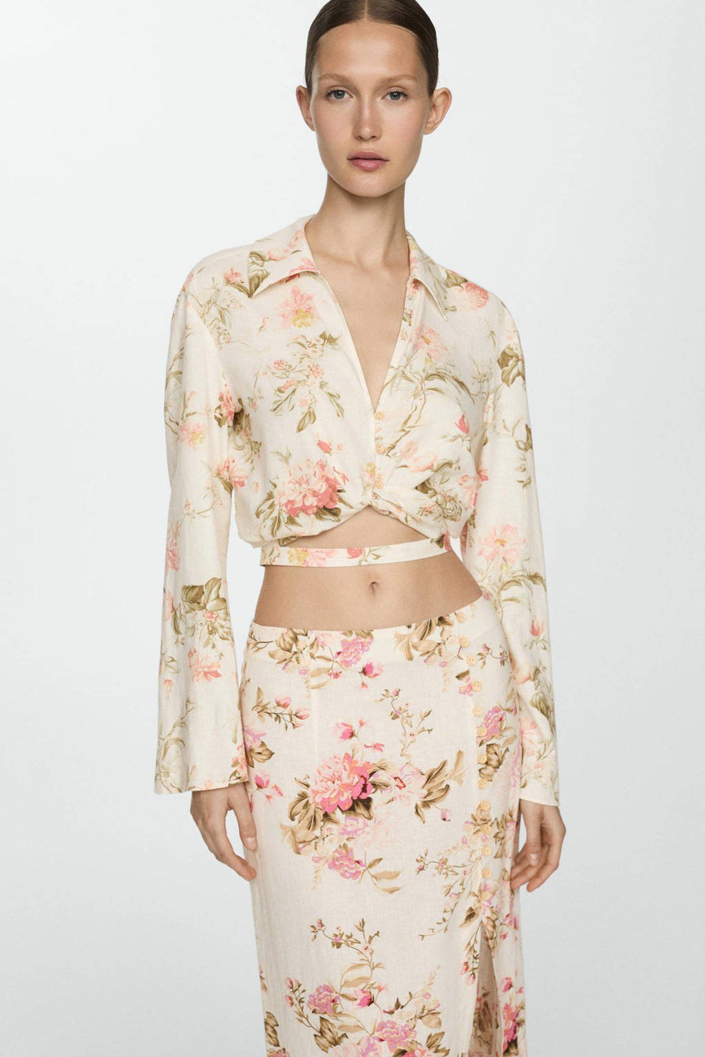 Mango gebloemde overslag top beige/roze wehkamp