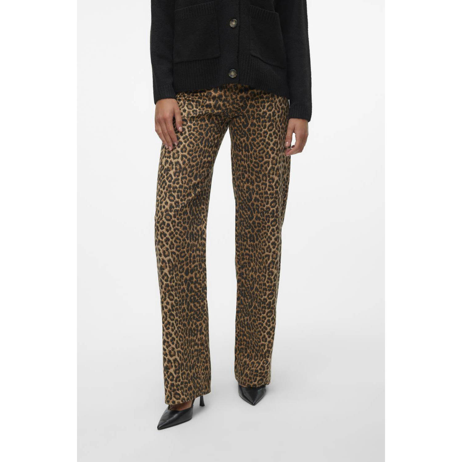 VERO MODA regular jeans met dierenprint donkerbruin zwart