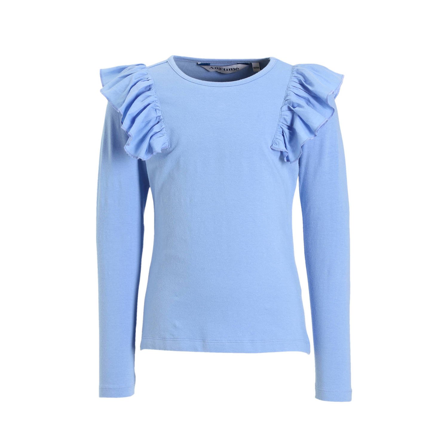 Anytime longsleeve met ruffle blauw Meisjes Katoen Ronde hals Effen 134 140