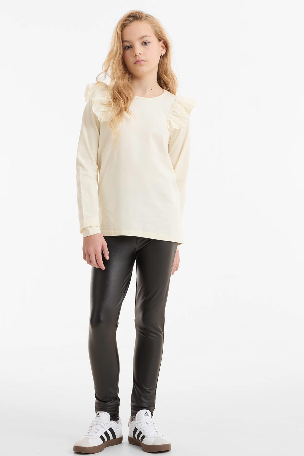 Witte meisjes anytime longsleeve van katoen met effen, lange mouwen, ronde hals en ruches