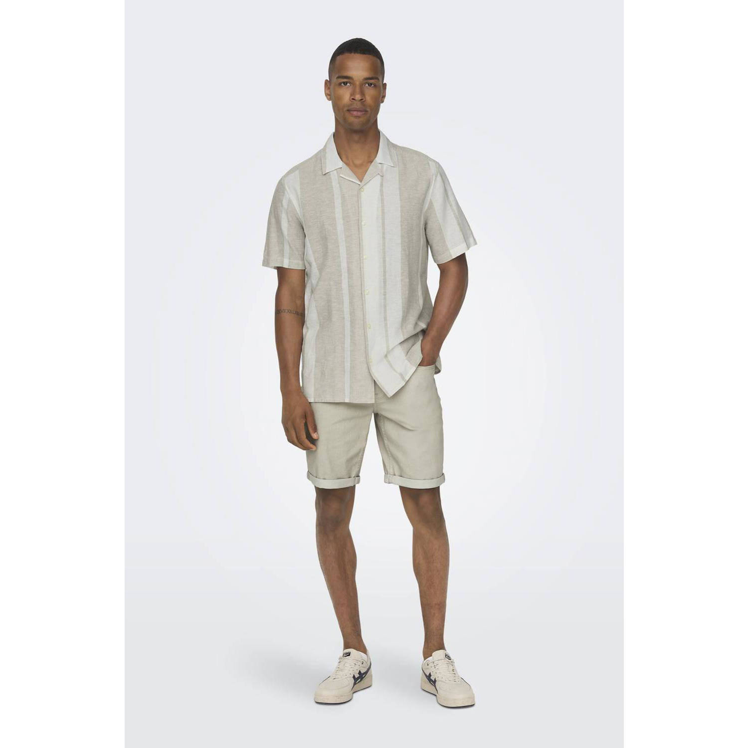 ONLY & SONS gestreept regular fit overhemd ONSCAIDEN beige