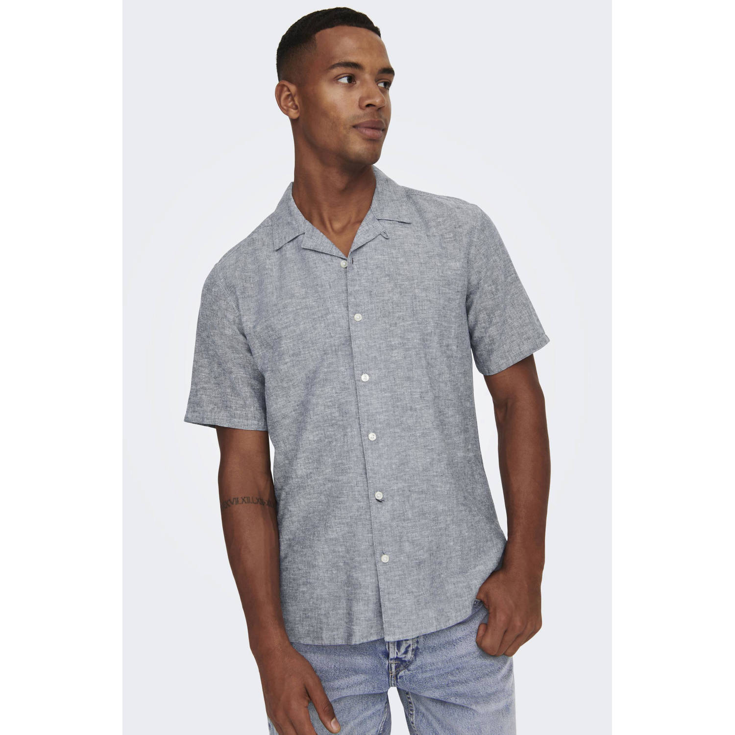 ONLY & SONS gemêleerd slim fit overhemd ONSCAIDEN blauw