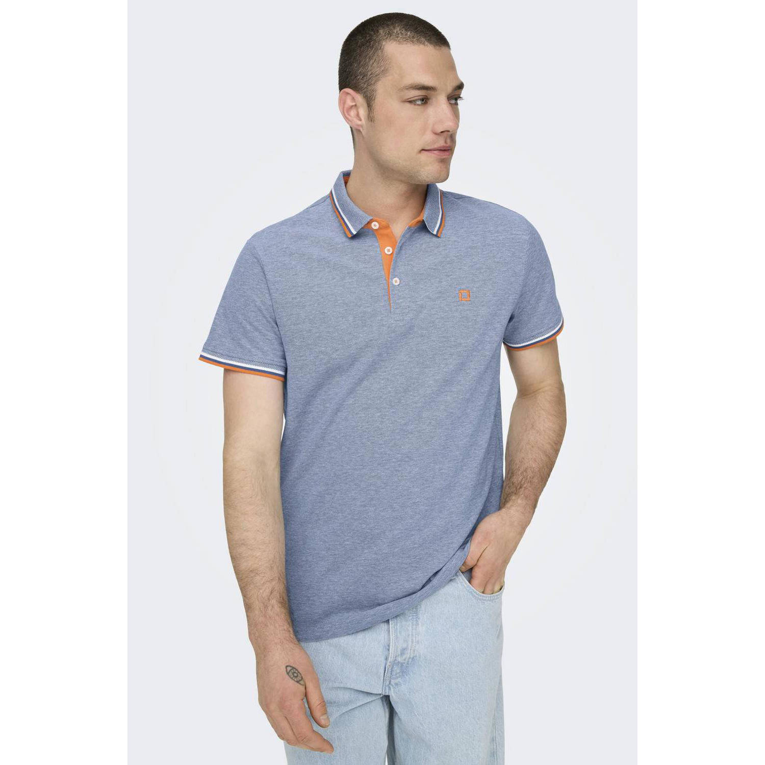 ONLY & SONS slim fit polo ONSFLETCHER met logo blue denim