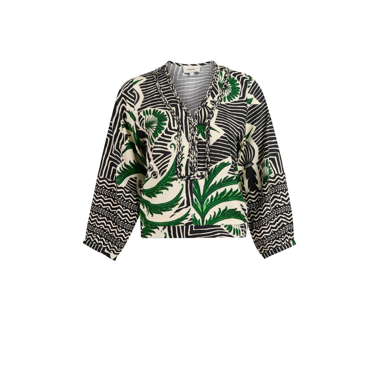 Shoeby top met all over print en borduursels zwart groen ecru