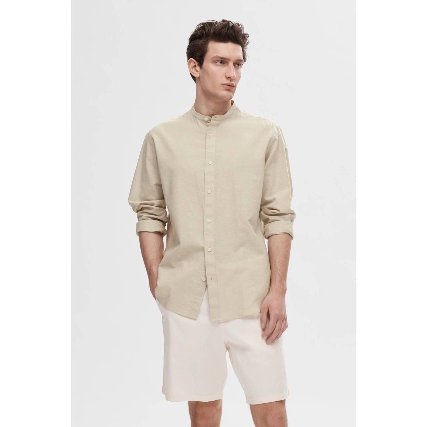 SELECTED HOMME Heren Overhemden Slhregnew-linen Shirt Ls Band Beige