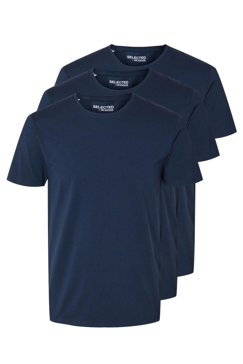 Set van 3 donkerblauwe heren SELECTED HOMME T-shirt van katoen met effen, korte mouwen en ronde hals