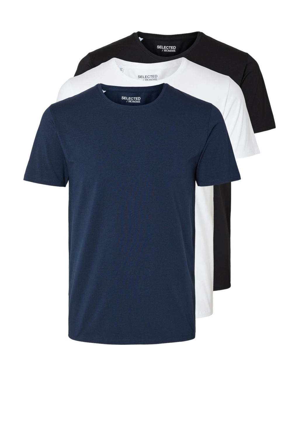Set van 3 multikleurige heren SELECTED HOMME T-shirt van katoen met effen, korte mouwen en ronde hals