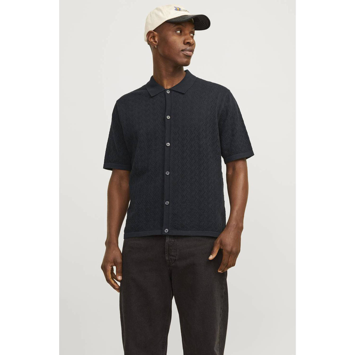 JACK & JONES ORIGINALS regular fit overhemd JORNOTO met ingebreid patroon zwart