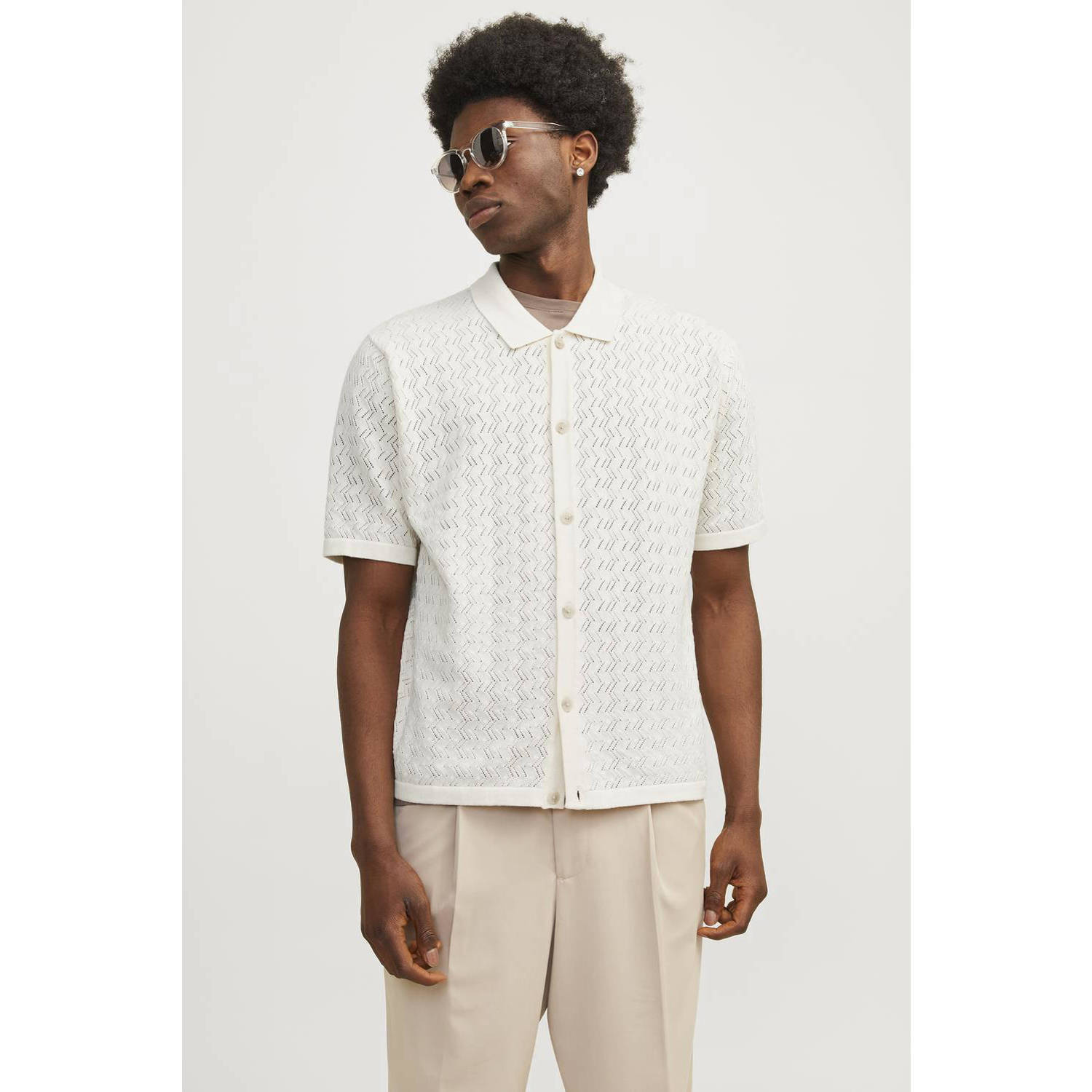 JACK & JONES ORIGINALS regular fit overhemd JORNOTO met ingebreid patroon ecru