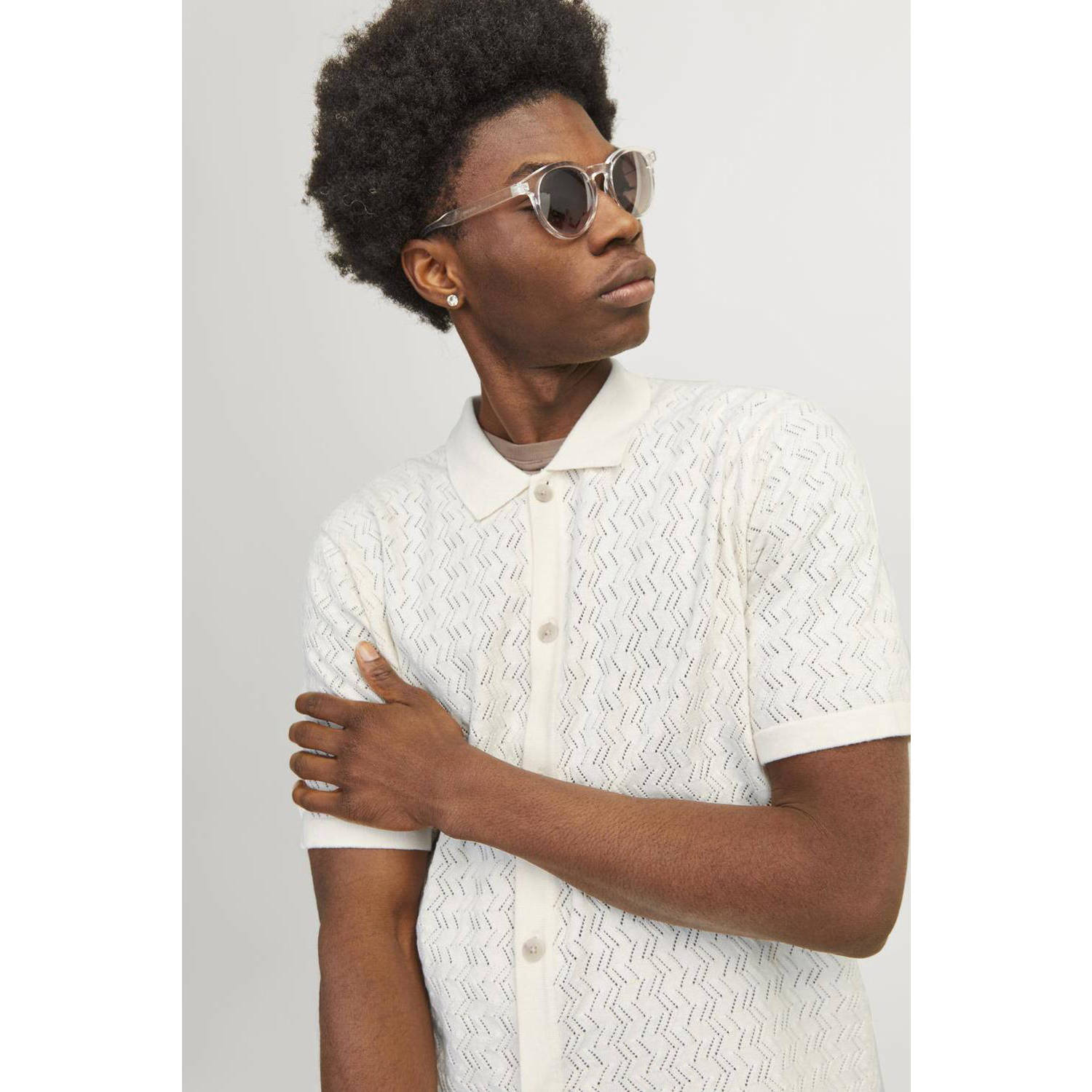 JACK & JONES ORIGINALS regular fit overhemd JORNOTO met ingebreid patroon ecru