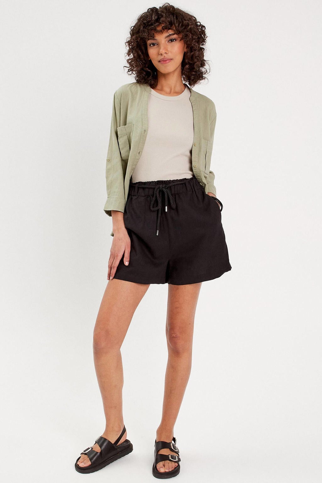 Zwarte dames Cache Cache high waist loose fit short van linnen met elastische tailleband met koord en effen