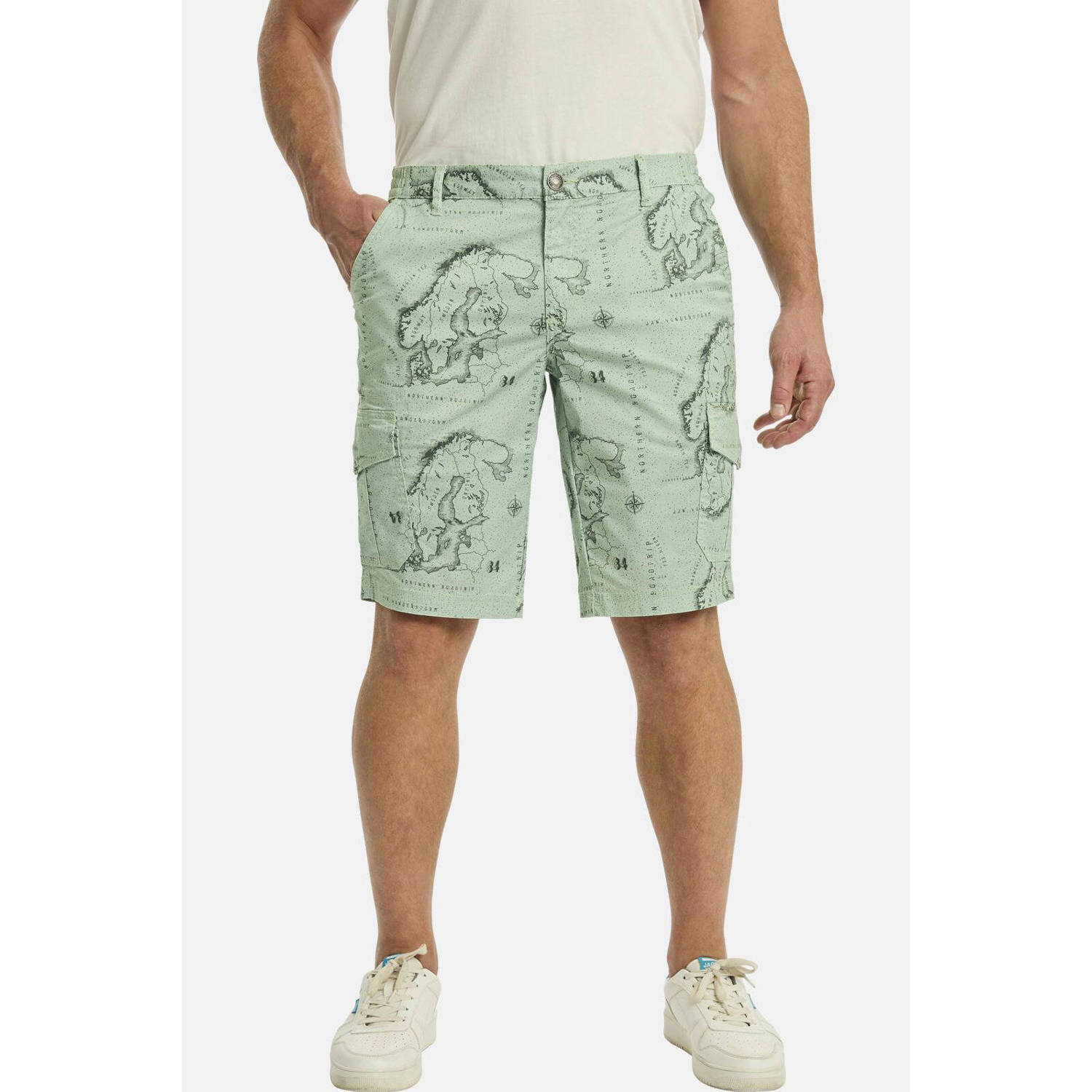 Jan Vanderstorm +FIT Collectie loose fit cargo short GUBBEN Plus Size met all over print lichtgroen