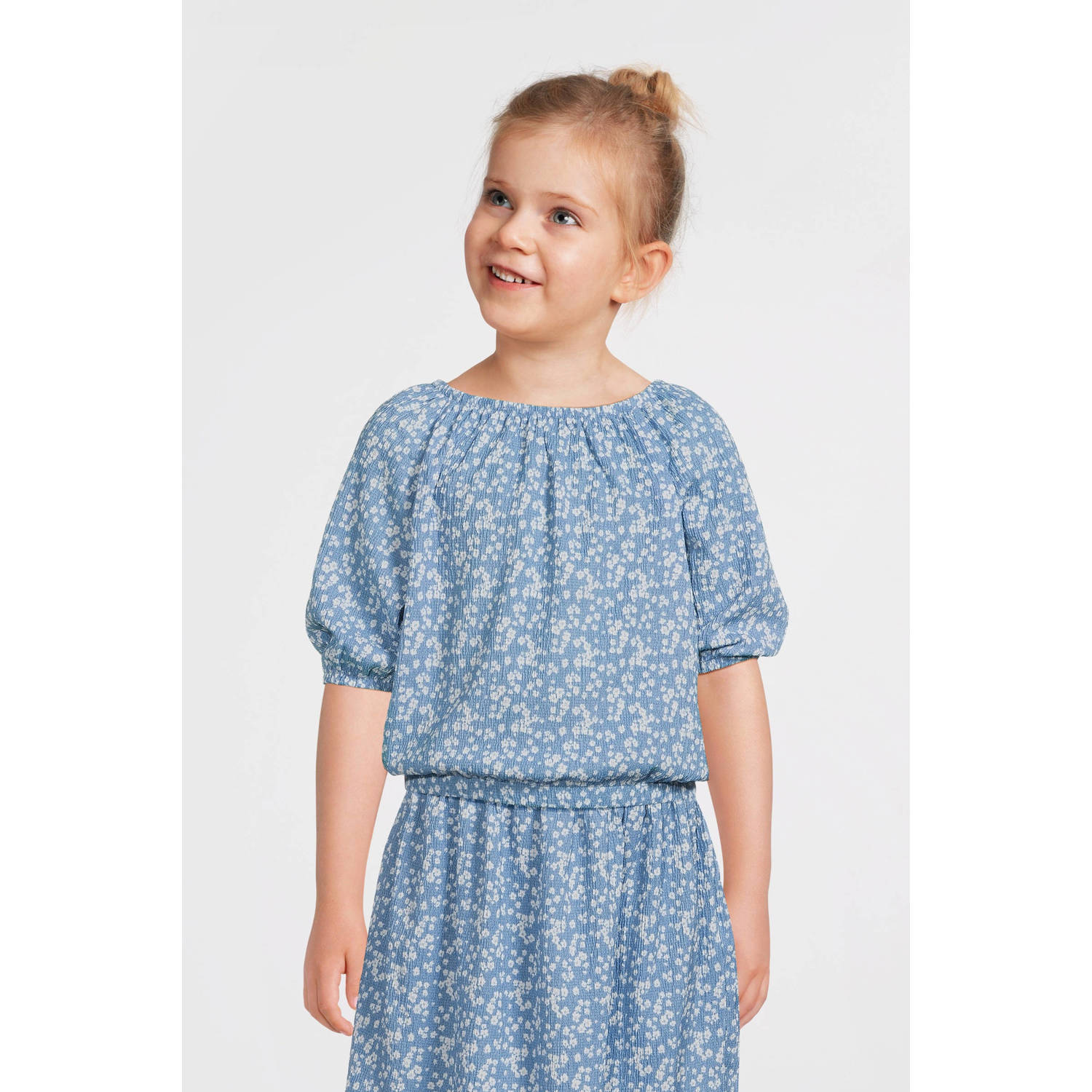 VERO MODA GIRL top met all over print en textuur blauw wit Meisjes Polyester Boothals 134 140