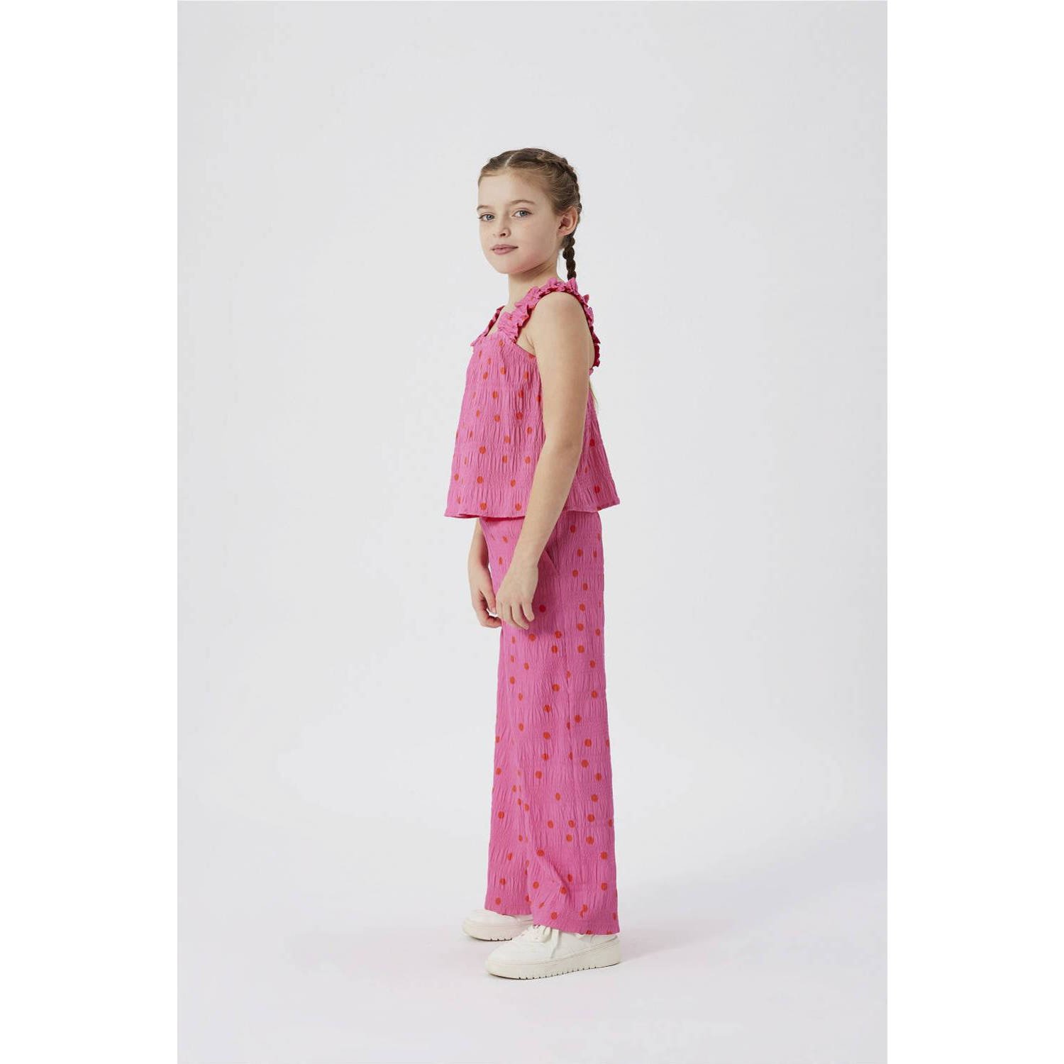 Name it KIDS top NKFJIDITSE met stippen en textuur felroze oranje Meisjes Polyester Vierkante hals 122 128