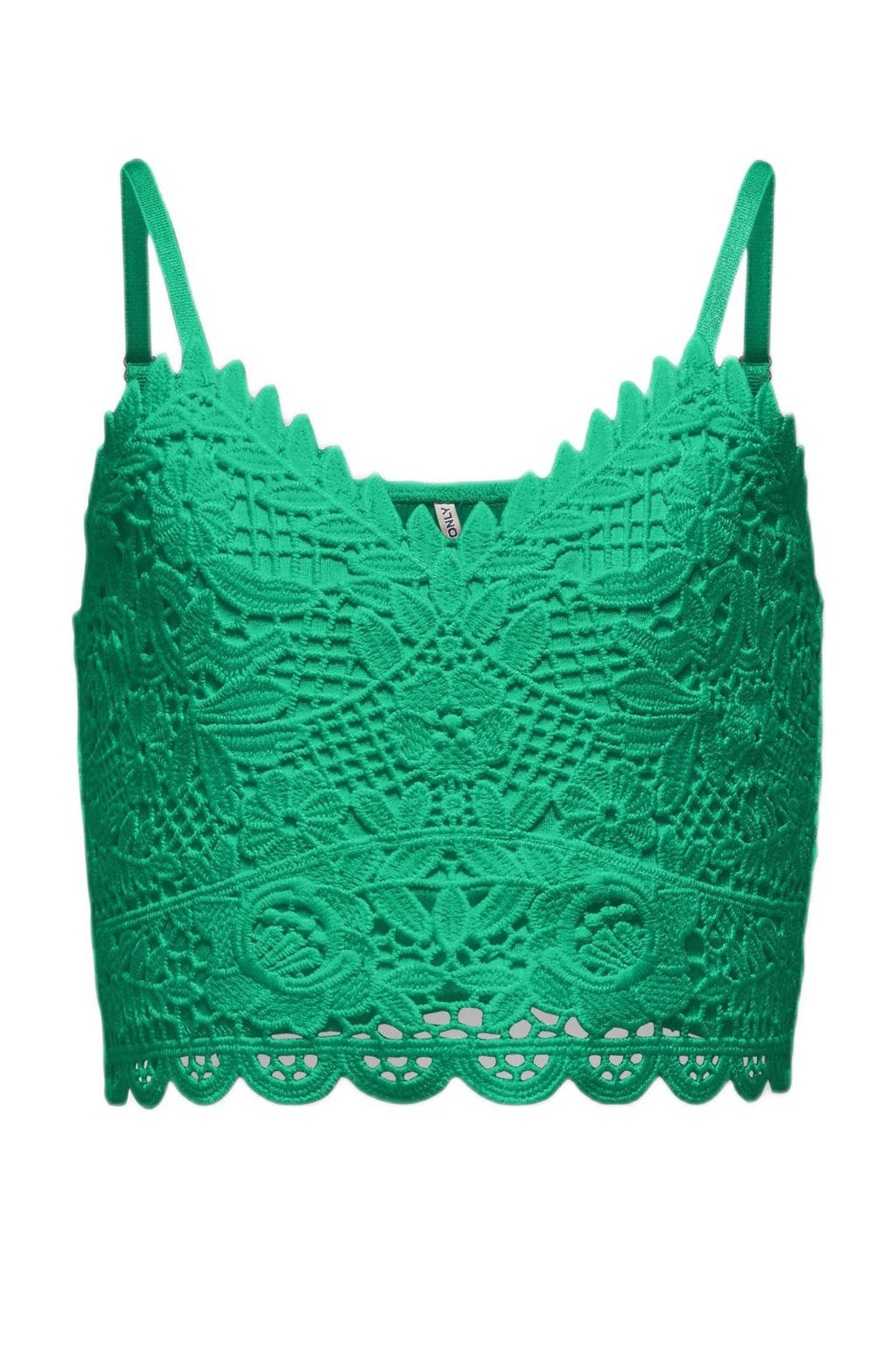 Groene meisjes KIDS ONLY GIRL crop top van viscose met effen, spaghettibandjes, V-hals en kant
