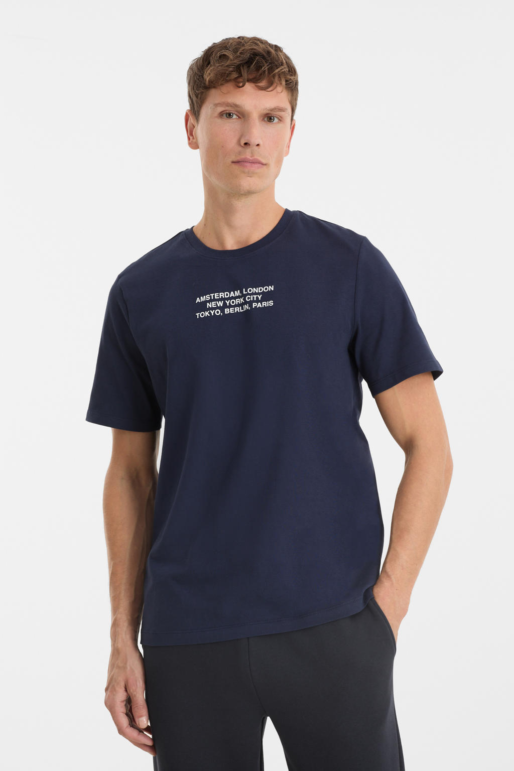Donkerblauwe heren Anytime T-shirt van katoen met printopdruk, korte mouwen en ronde hals