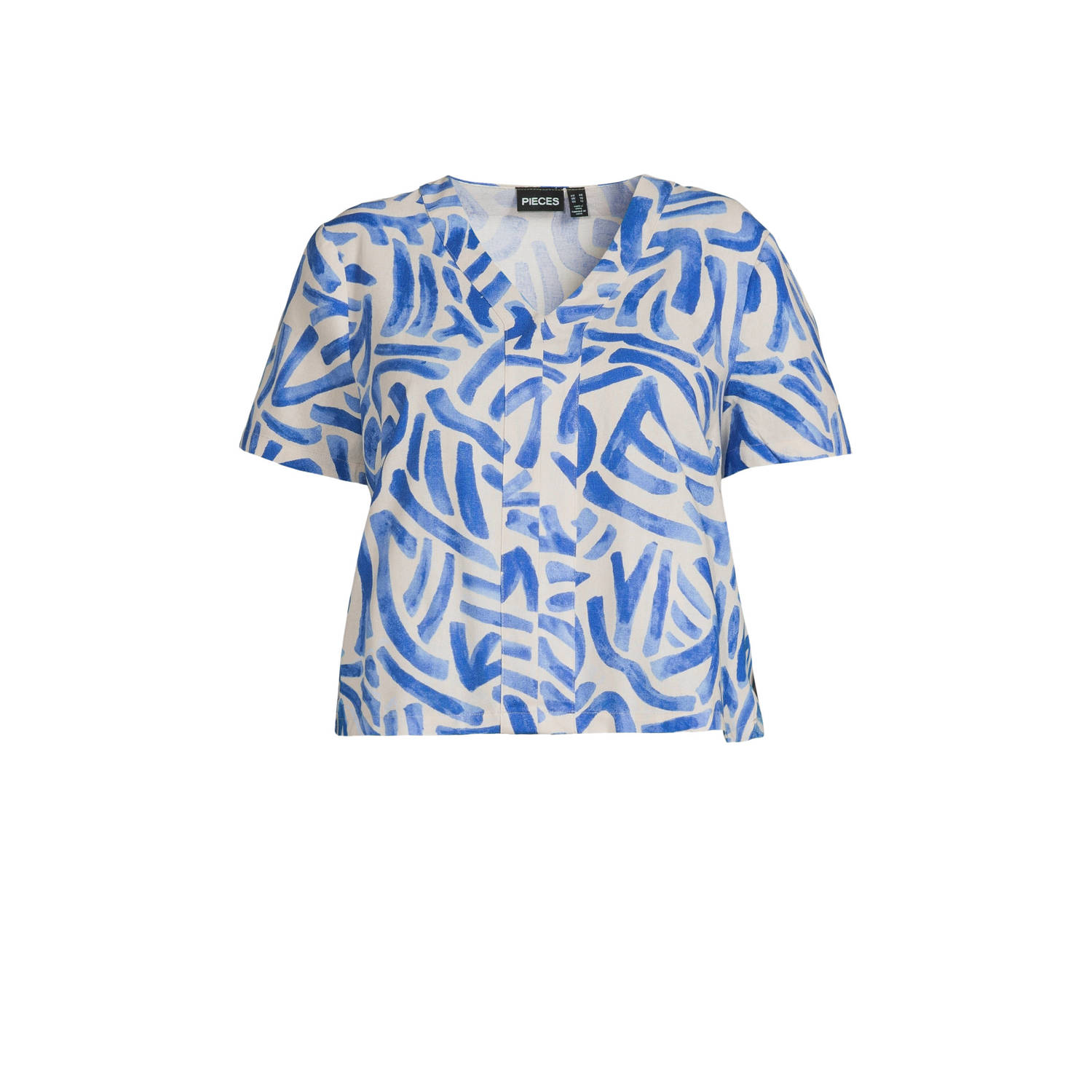 PIECES Curve top met all over print blauw wit