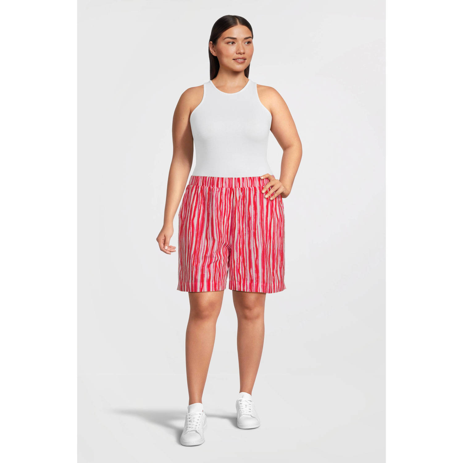 PIECES Curve gestreepte high waist regular fit short roze wit rood