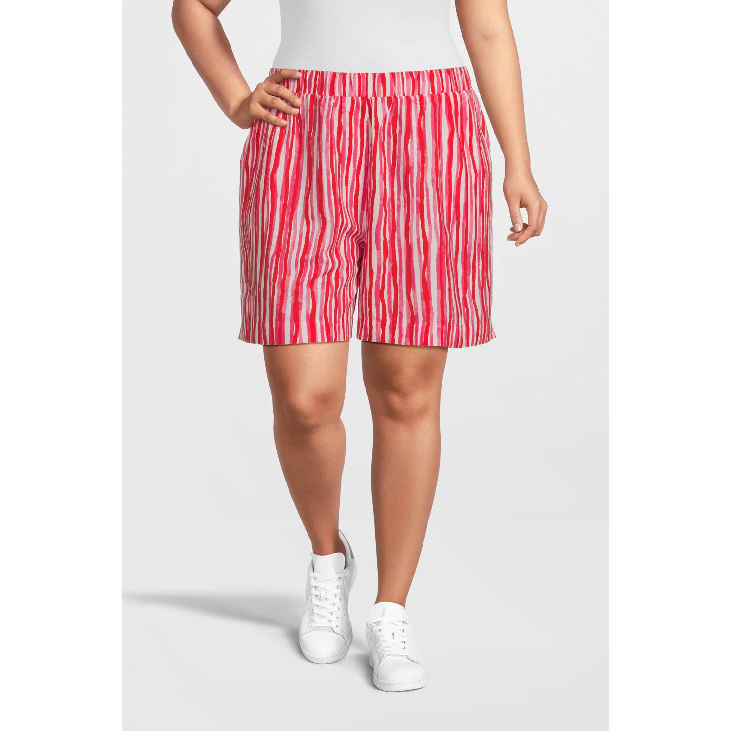 PIECES Curve gestreepte high waist regular fit short roze wit rood