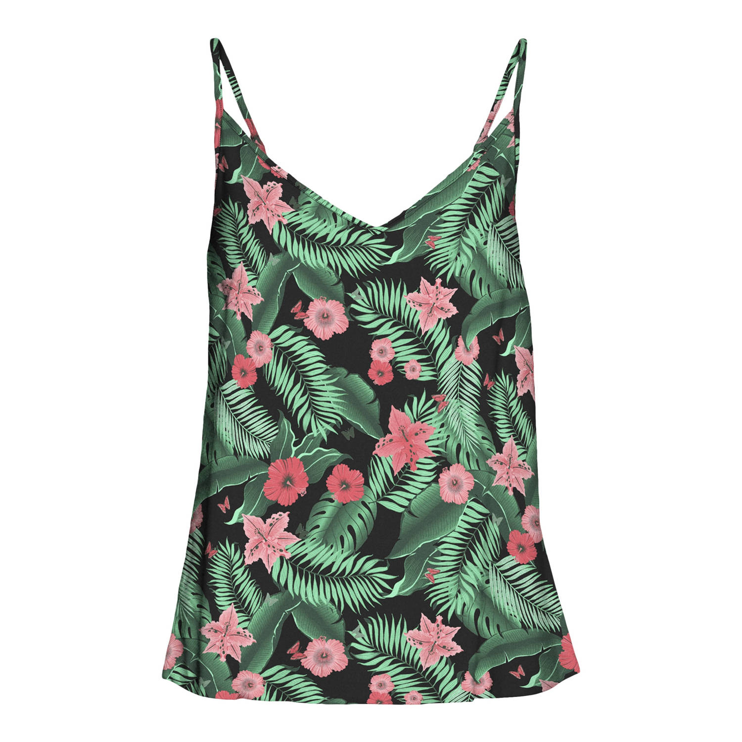 VERO MODA CURVE spaghettitop VMCEASY met all over print zwart groen zalm