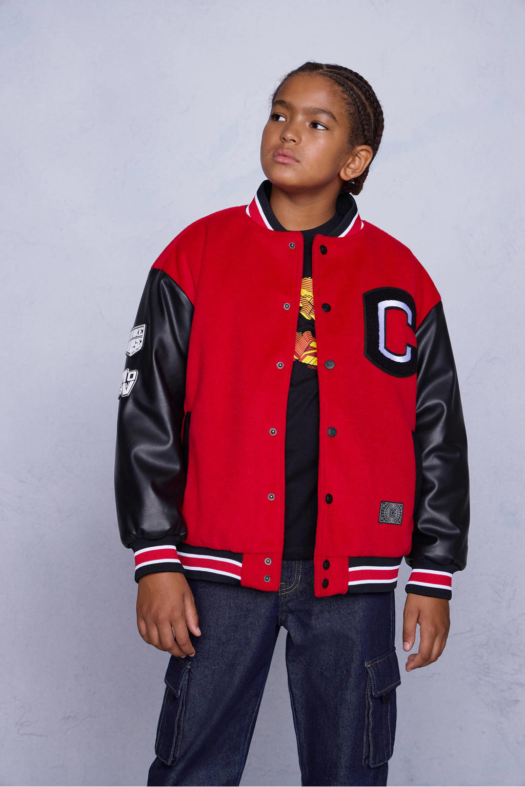 Rood en zwarte jongens Coolcat baseball jacket van polyamide met logo dessin, lange mouwen, opstaande kraag en drukknoopsluiting