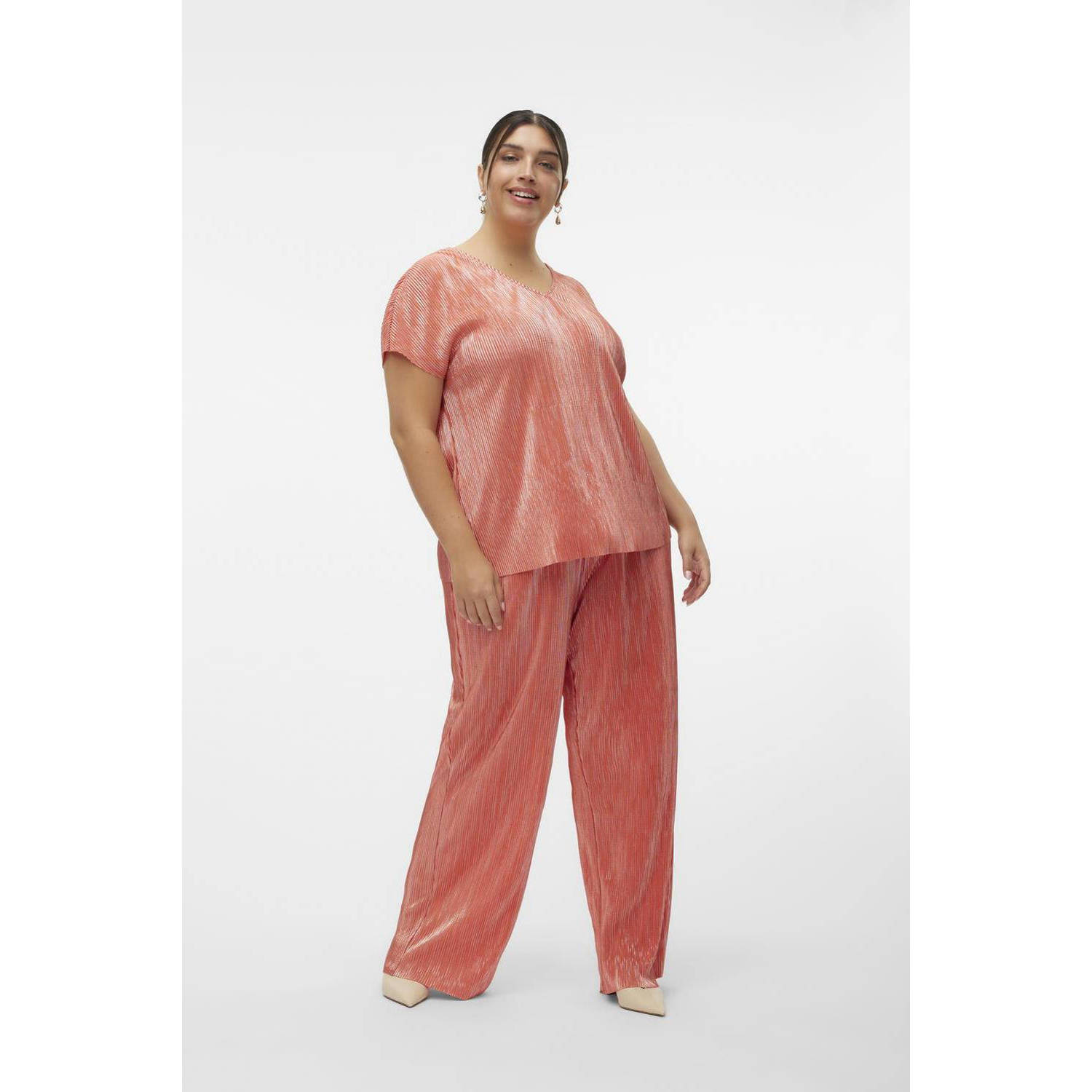 VERO MODA CURVE high waist wide leg pantalon VMCMUVI koraalrood oranje