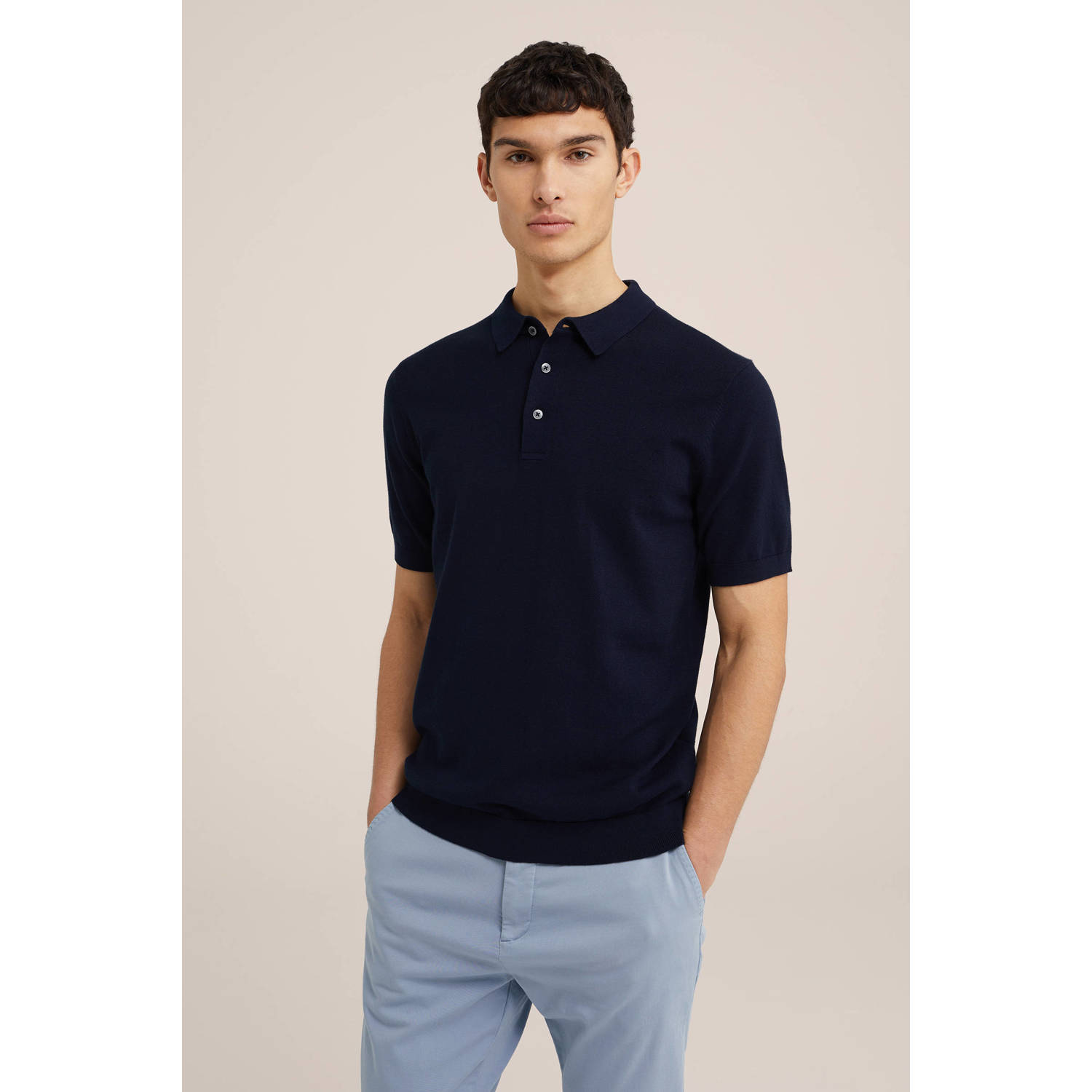 WE Fashion polo fijn gebreid donkerblauw