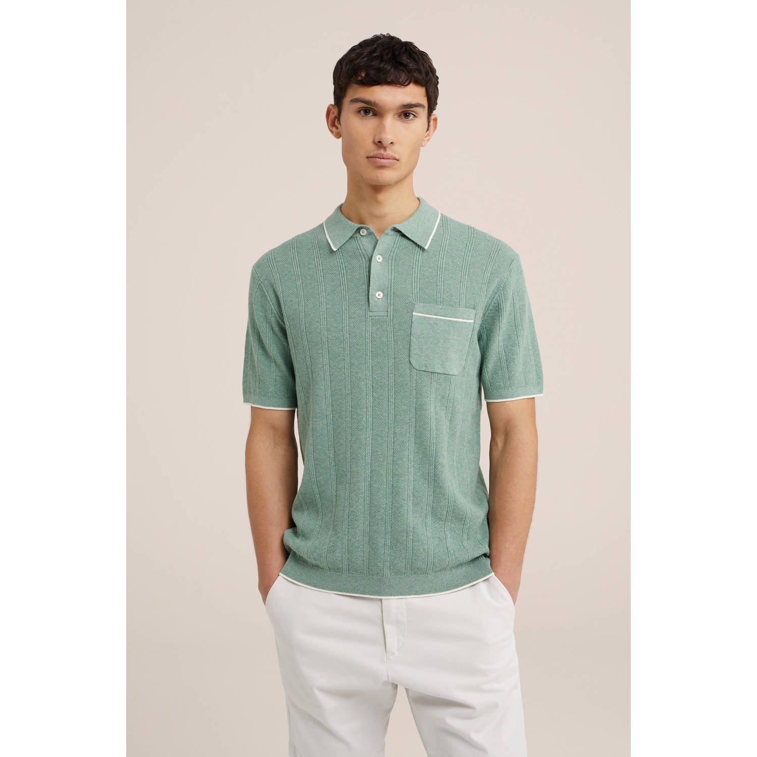 WE Fashion gebreide polo met ingebreid patroon dark sea green