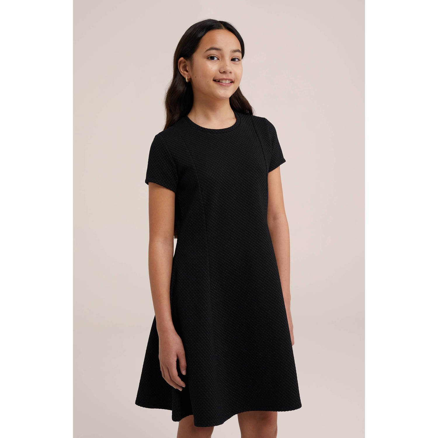 WE Fashion jurk zwart Meisjes Polyester Ronde hals Effen 134 140