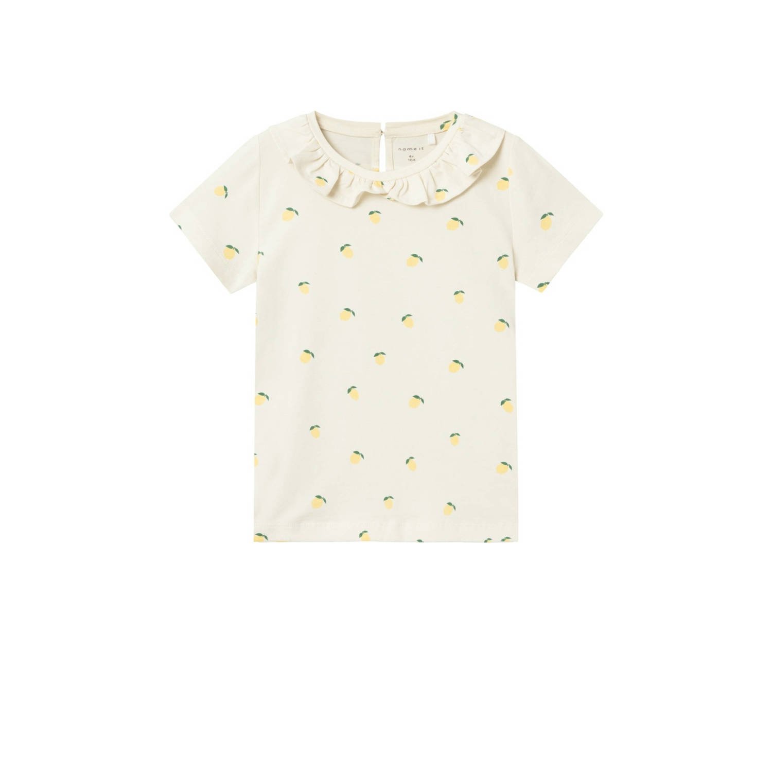 Name it MINI T-shirt met all over print en ruches ecru geel groen Meisjes Stretchkatoen Ronde hals 104