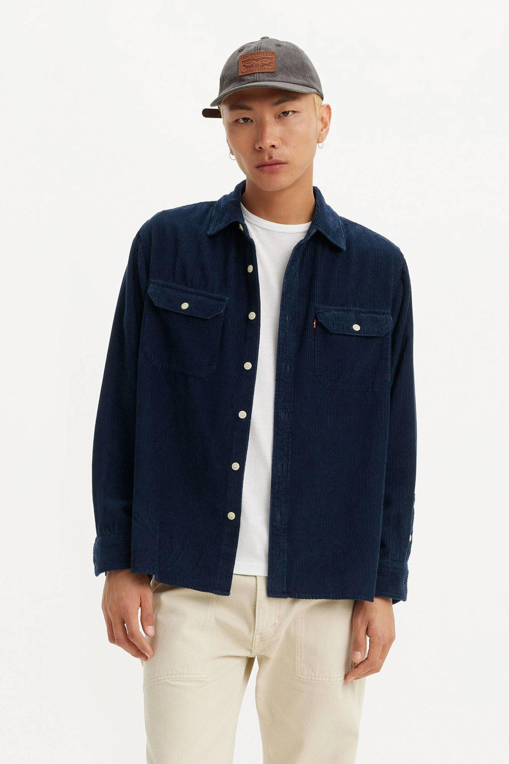Donkerblauwe heren Levi's regular fit overhemd van corduroy met effen, lange mouwen, klassieke kraag en knoopsluiting