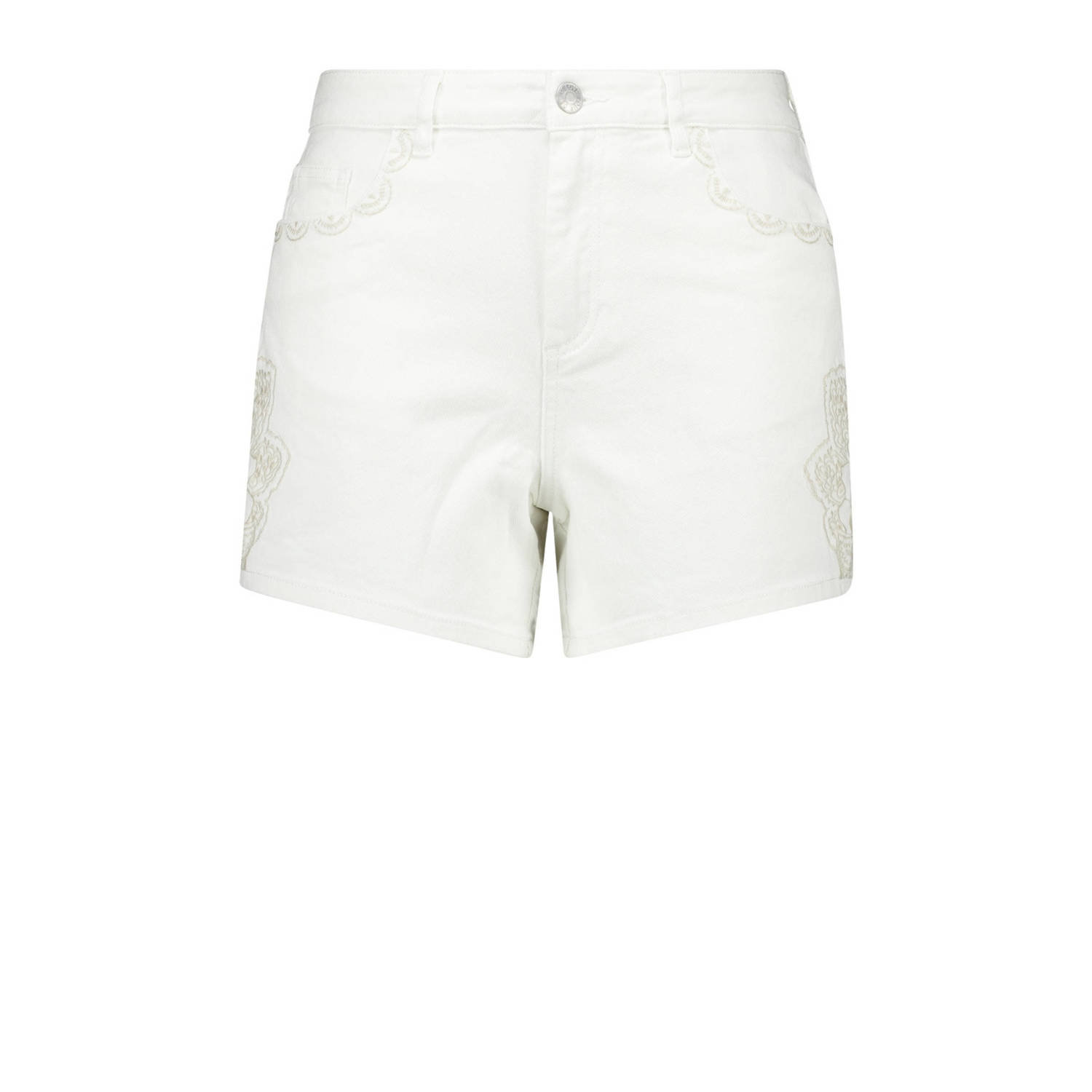 MS Mode high waist straight fit denim short met borduursels ecru beige