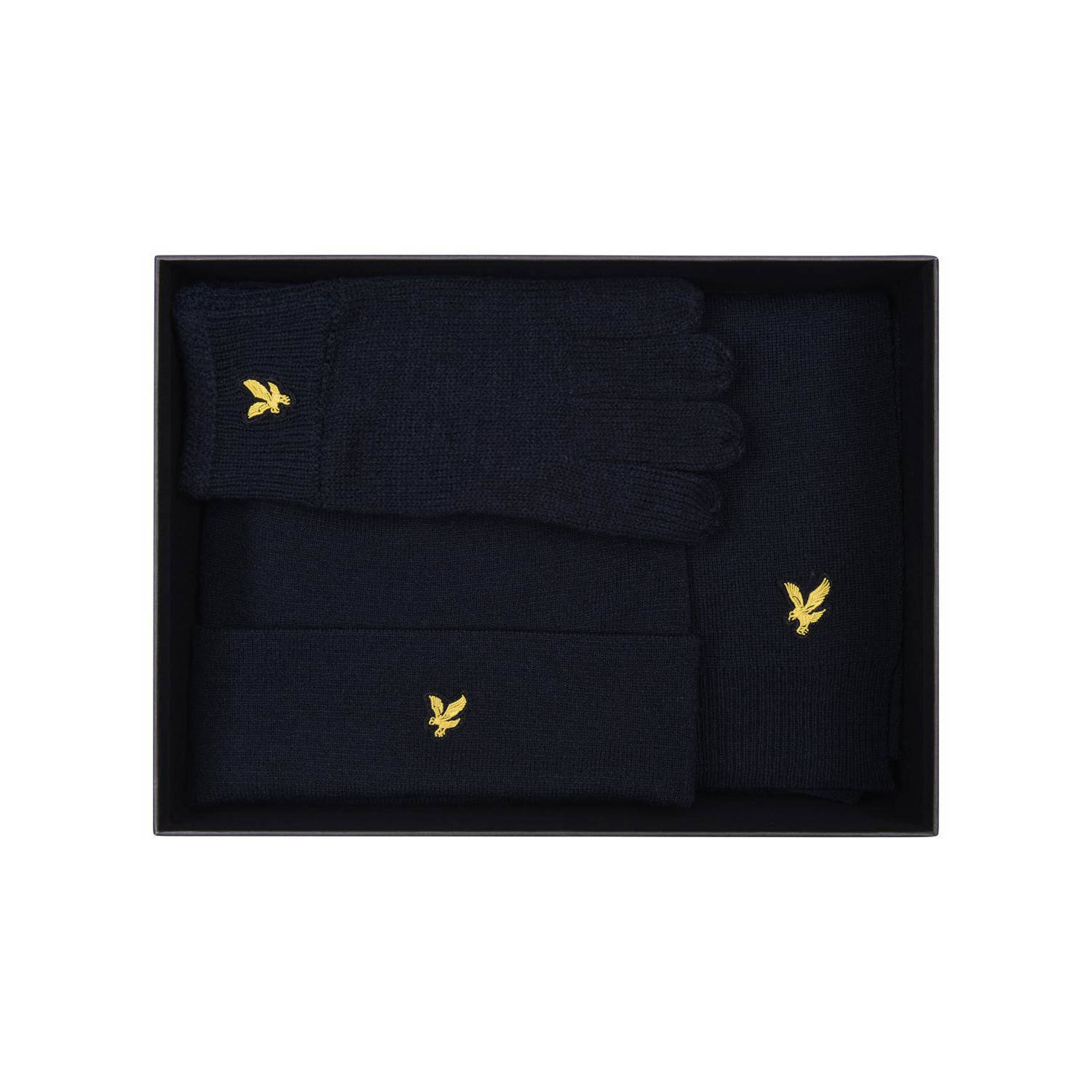 Lyle & Scott giftbox muts + sjaal + handschoenen met logo donkerblauw