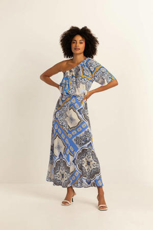 maxi rok met all over print blauw/grijs/ecru