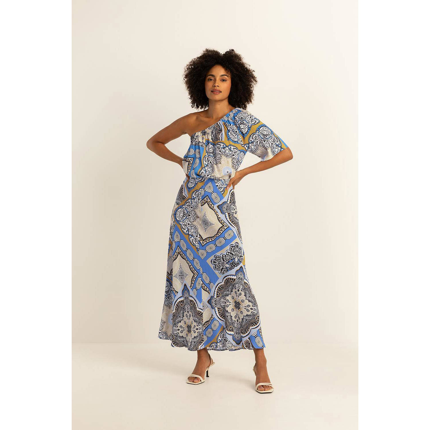 Expresso maxi rok met all over print blauw grijs ecru