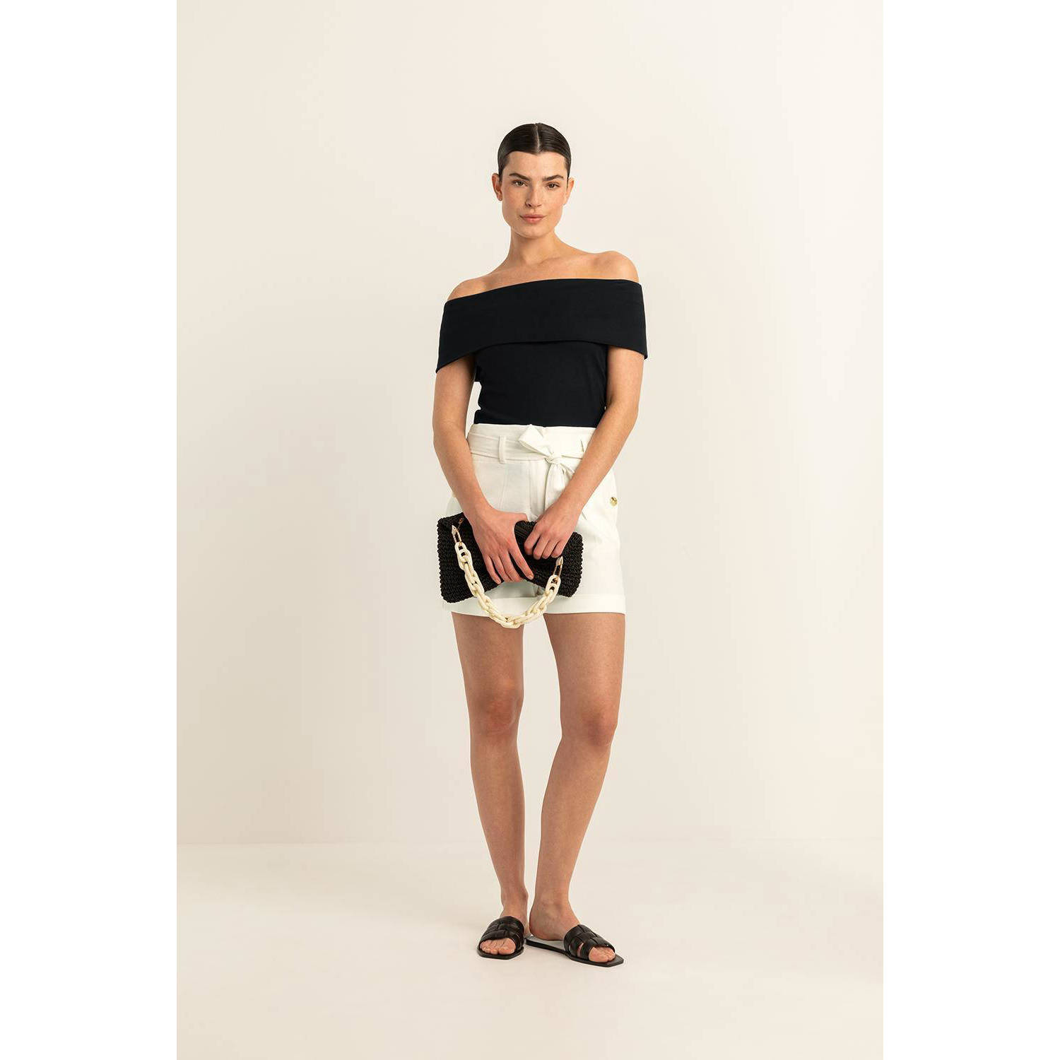 Expresso off shoulder top zwart fijngebreid