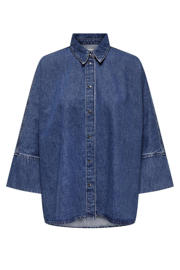 thumbnail: Medium blue denim dames ONLY blouse van denim met effen, driekwart mouwen, klassieke kraag en knoopsluiting