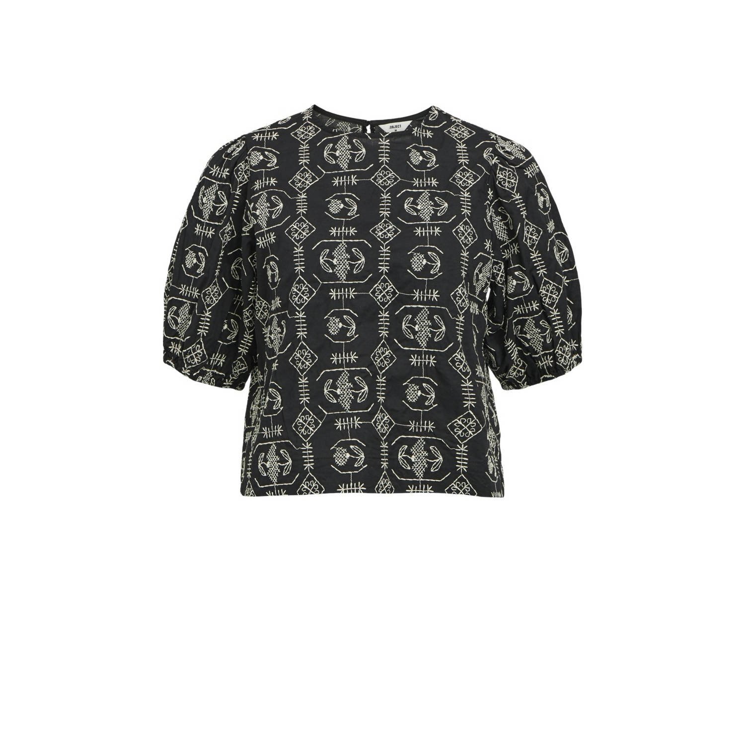 OBJECT blouse OBJEMINE met embroidery zwart wit