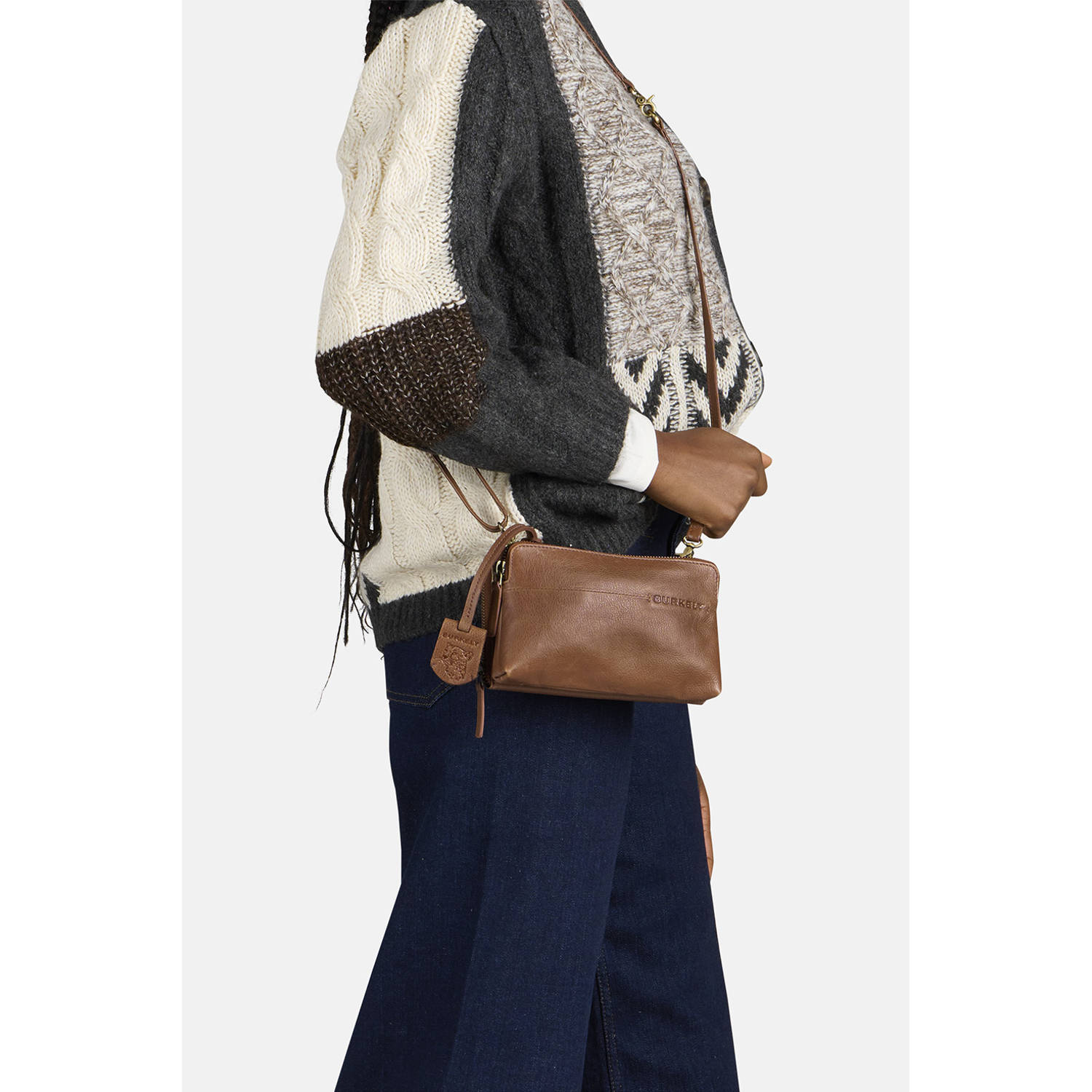 BURKELY leren mini crossbody tas Natural Norah cognac