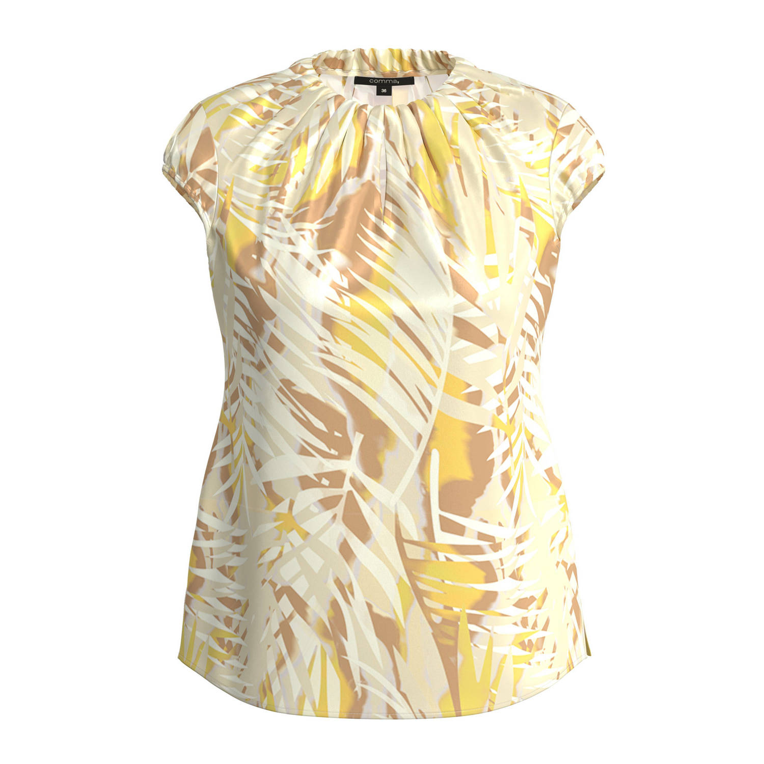 Comma top met bladprint en plooien geel beige bruin